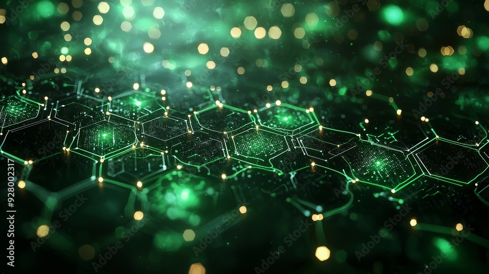 Wall mural an abstract blue and green technology background with hexagons and geometric shapes with blur.