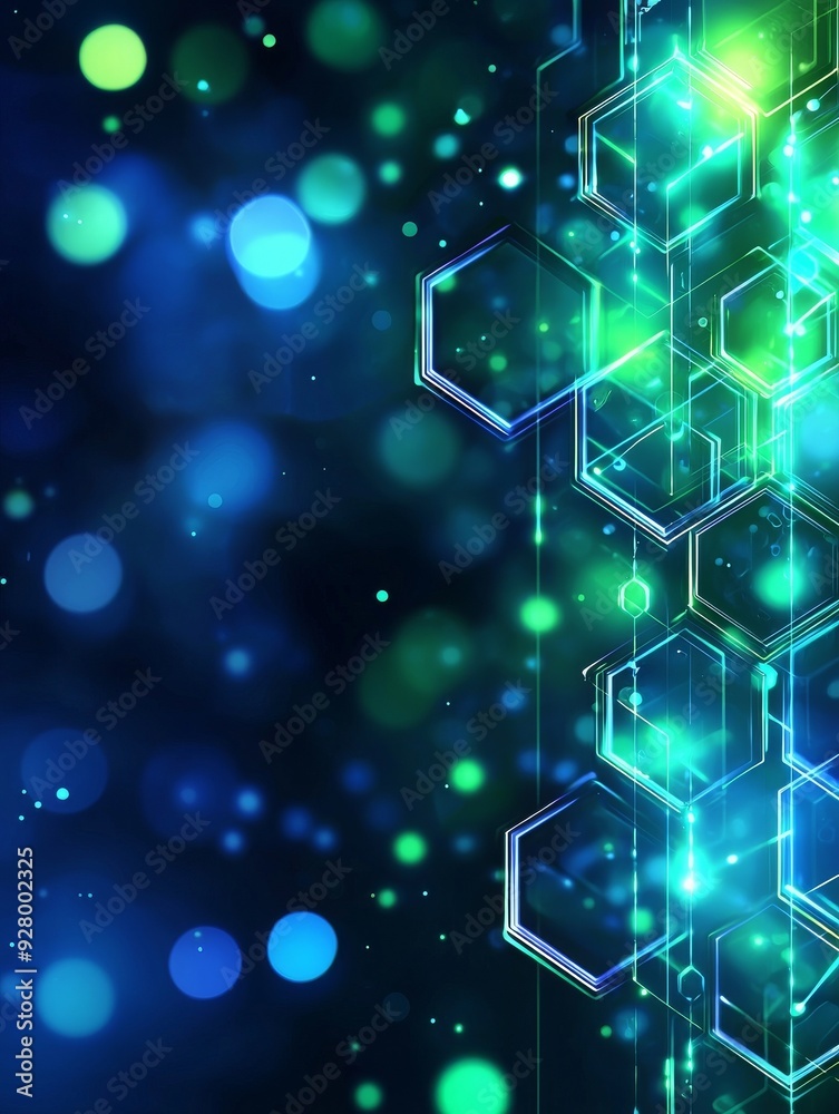 Wall mural an abstract blue and green technology background with hexagons and geometric shapes with blur.