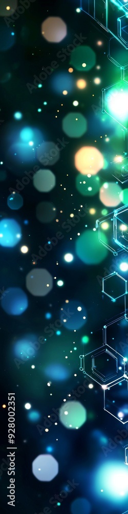 Wall mural an abstract blue and green technology background with hexagons and geometric shapes with blur.
