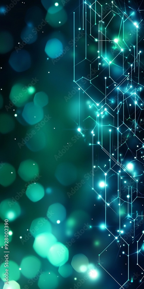 Wall mural an abstract blue and green technology background with hexagons and geometric shapes with blur.