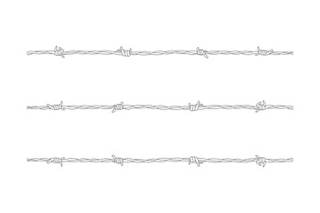 Barbed wire fence outline with 3 variations of barbed wire twists and spikes vector