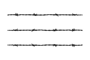 Barbed wire fence with 3 variations of barbed wire twists and spikes silhouette vector