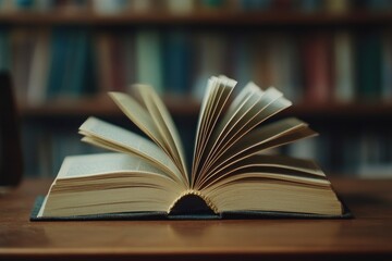 Fototapeta premium book with open pages, close up, books on the shelf in school, open book on wooden table. back to school concept with generative ai