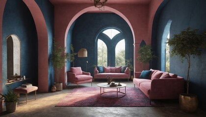Fototapeta premium A serene evening in a blue and pink palace with arched windows