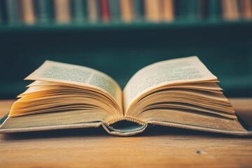 book with open pages, close up, books on the shelf in school, open book on wooden table. back to school concept with generative ai