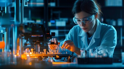 A scientist carefully conducting research in a modern laboratory, showcasing precision and innovation in science.