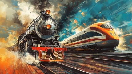 Evolution of Travel: Vintage Steam Locomotive Versus Sleek High-Speed Train - A Visual Comparison of Past and Present Transportation Technology.
