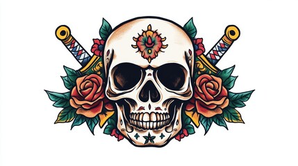 Fototapeta premium A decorative skull surrounded by roses and swords, symbolizing life and death.