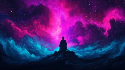 Fototapeta premium A serene silhouette meditates against a vibrant cosmic backdrop, merging tranquility with the beauty of the universe.