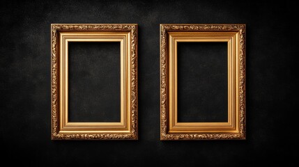 Fototapeta premium Two gold picture frames on black background