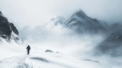 A solitary hiker walks through a foggy, snow-covered mountain pass with towering peaks in the background.