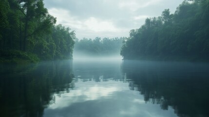 Fototapeta premium A peaceful misty lake surrounded by dense green forests, with soft reflections in the still water under a moody dawn sky.