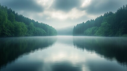 Obraz premium A peaceful misty lake surrounded by dense green forests, with soft reflections in the still water under a moody dawn sky.