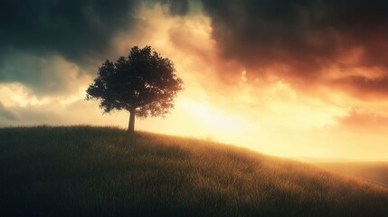 A solitary tree stands on a grassy hill during a vibrant sunset with dark, stormy clouds in the background.