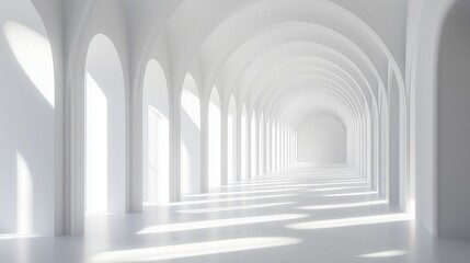 Naklejka premium Minimalist white corridor featuring large arched windows and soft natural light casting shadows across the floor.