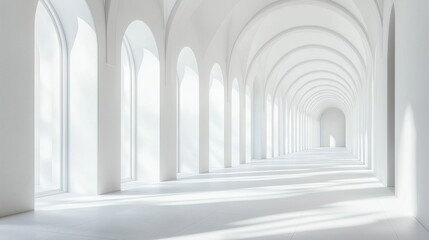 Naklejka premium Minimalist white corridor featuring large arched windows and soft natural light casting shadows across the floor.
