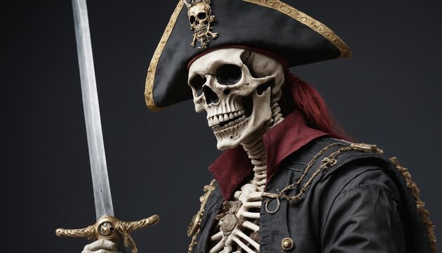 A grim captains last stand, a portrait of a skeletal pirate in timeless darkness
