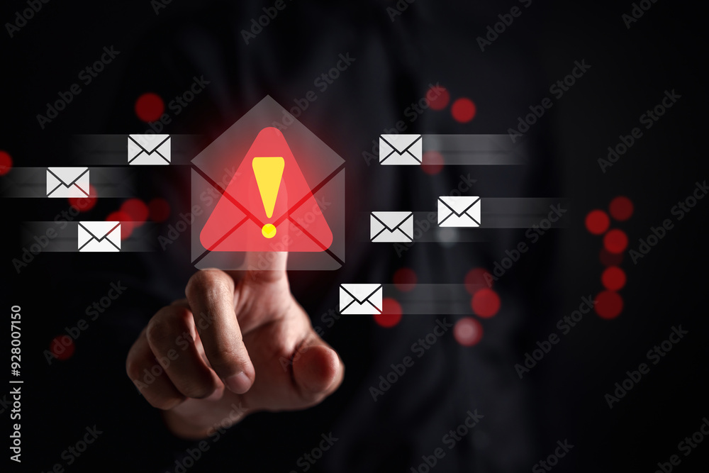 Poster Alert Email inbox and spam virus with warning caution for notification on internet letter security protect, junk and trash mail and compromised information.