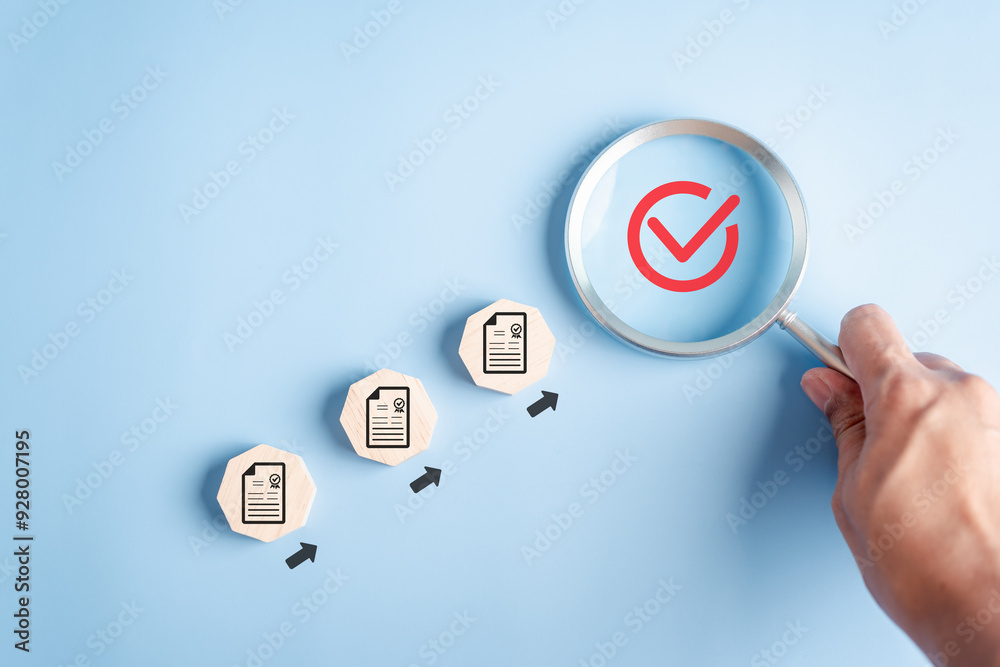 Aufkleber Quality Certificate and Checklist document inspecting target marketing planning assignment with quality management. Standardization, certification. Compliance to regulations service and standards.