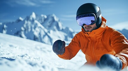 A snow sports enthusiast enjoys an exhilarating experience in a vibrant orange jacket against a stunning winter mountain backdrop.