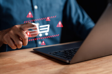 Alert of secure online shopping concept, Warning and danger sign, scam and thief in cybersecurity.