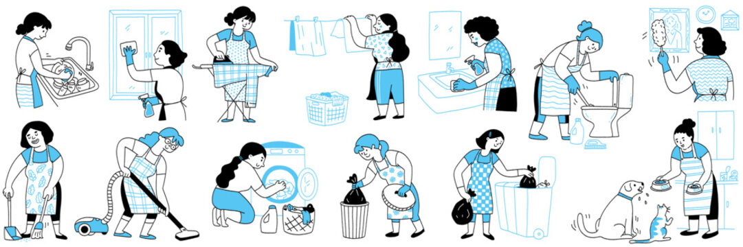 Cute character illustration doodles set in concept of household chores, housewife working. Cleaning, washing, feeding dog and cat. Outline, thin line art, linear, hand drawn sketch, simple design. 