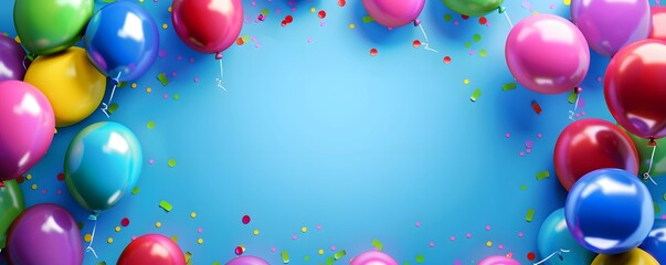 Colorful Balloons and Confetti Border on Blue Background