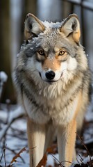 Fototapeta premium grey wolf setting on snow in the woods at winter with copyspace 