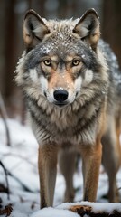 Obraz premium grey wolf setting on snow in the woods at winter 3d 