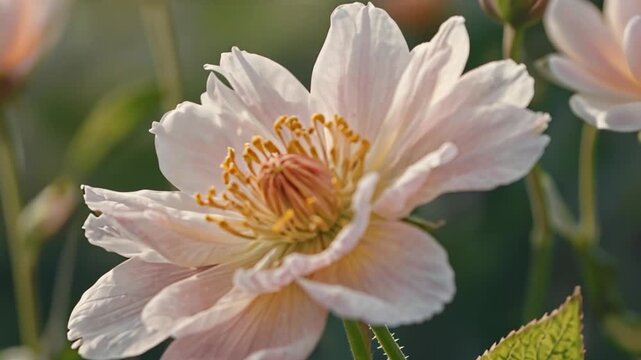 A close-up of a single flower with pastel petals swaying in the wind, against a blurred background for a subtle motion effect, creating a calm and delicate, serene aesthetic.