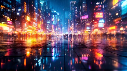 A vibrant cityscape at night, showcasing colorful lights and reflections on wet streets, capturing the energy of urban life.