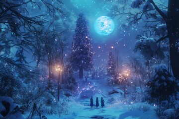 Obraz premium Midwinter's Enchanted Revelry: anime-style Forest Sprites' Gala on the Solstice Night for the Festive Season,Anime-Style,illustration,Picture BooksFor Poster,Novel,UI,WEB,Game,Design,Abstract,Christma