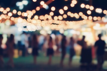 Blurred Background of Outdoor Music Festival with People Dancing Under String Lights, Night Scene Featuring Tents and Food Stalls in the Foreground, Angled Perspective and Bokeh Effect

