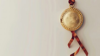 A gold medal with a brown ribbon on a white background.