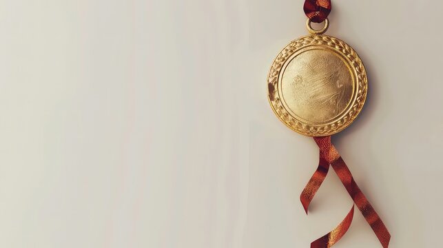 A gold medal with a brown ribbon on a white background.