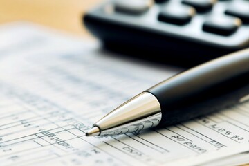 Close-up of Calculator and Pen on Financial Documents, Representing Financial Planning or Accounting with Suburban Lighting,