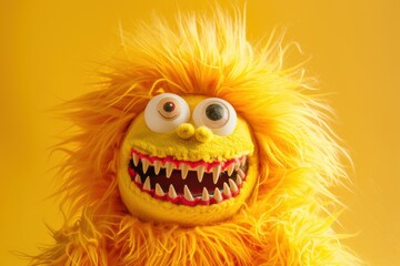 This vibrant and quirky yellow furry monster puppet with large eyes and sharp teeth brings humor and fun to marketing campaigns.