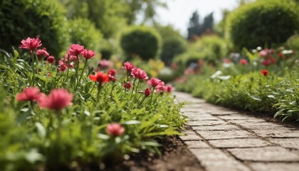 A stone path winding through a lush summer garden