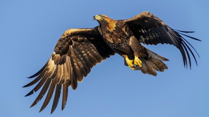 Obraz premium An eagle in full flight, with wings spread wide, glides over a mountainous landscape. The scene captures the bird's elegance and strength, symbolizing freedom and natural beauty.