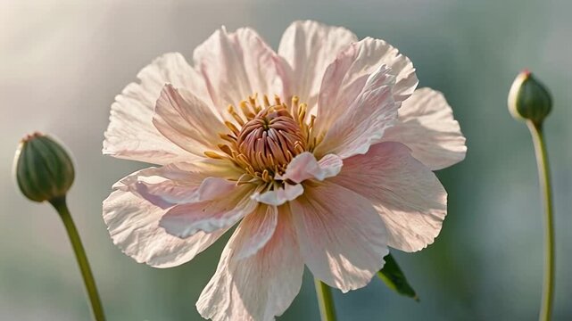 A close-up of a single flower with pastel petals swaying in the wind, against a blurred background for a subtle motion effect, creating a calm and delicate, serene aesthetic.