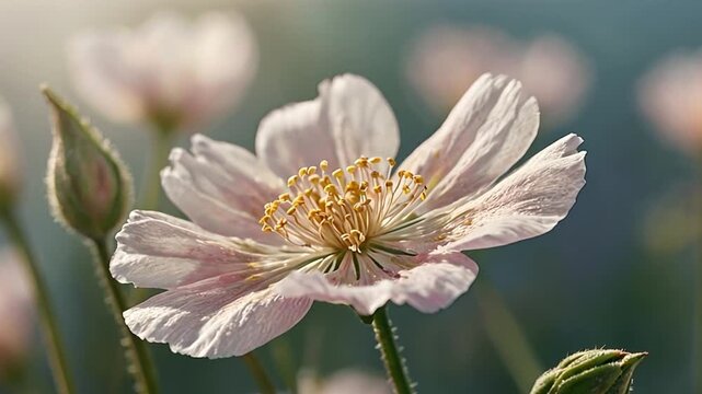 A close-up of a single flower with pastel petals swaying in the wind, against a blurred background for a subtle motion effect, creating a calm and delicate, serene aesthetic.