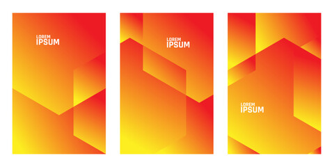 Obraz premium Three vertical panels with orange and yellow gradients and geometric shapes.