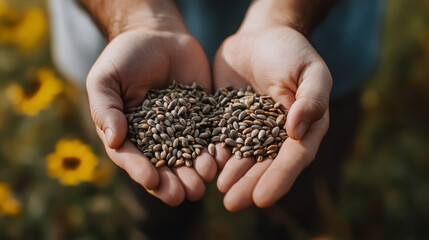 hands holding sunflower seeds with field in background