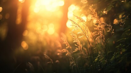 Fototapeta premium Forest Wild Grass at Sunset in Macro.