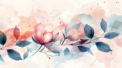 A delicate abstract floral art piece featuring stylized flowers and leaves with soft, flowing lines, set against a light pastel background with hints of geometric shapes. 8k UHD, suitable for 