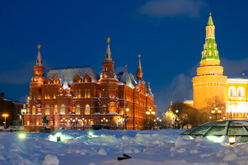 View from Manezhnaya Square to State Historical Museum and part of the Kremlin in Moscow at night