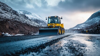 Road construction equipment is working on a section of road, creating noise and dust. Workers coordinate the process.