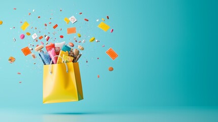 Colorful shopping bag with various items bursting out against a vibrant blue background, symbolizing excitement and joy in shopping.