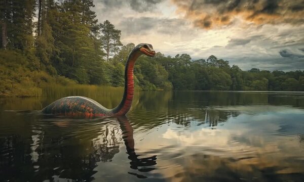 A mythical creature resembling a serpent emerges from a lake, with a lush forested background and cloudy sky.