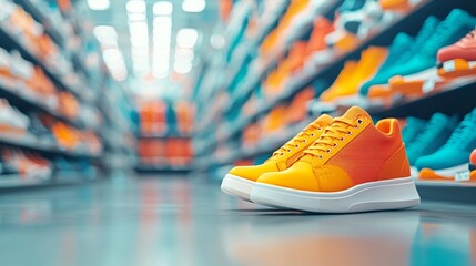 Colorful sneakers displayed in a vibrant shoe store aisle, showcasing modern design and trendy style.
